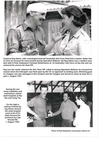 Top images. Soldier with head bandaged with Red Cross Field worker. Bottom image. Photo of Johnny O'Keefe.   