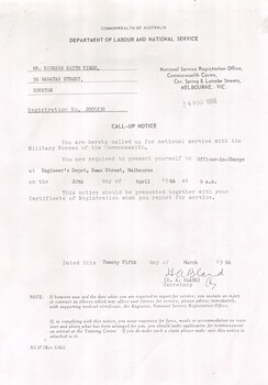 Department of Labour and National Service Call-Up Notice for Mr. Richard Keith Vines