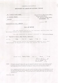 Department of Labour and National Service Call-Up Notice for Mr. Richard Keith Vines