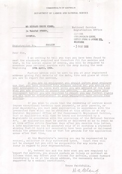 A Copy of Department of Labour and National Service Letter for Mr. Richard Keith Vines.