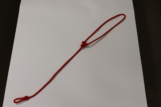 Red cord lanyard with knot.