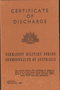 A small folder titled Certificate of Discharge. 