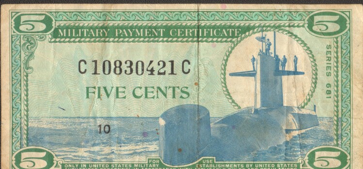 Green Military Payment Certificate. Value of 5 cents.