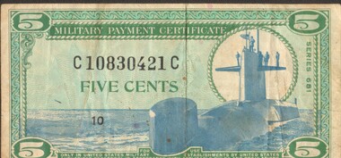 Green Military Payment Certificate. Value of 5 cents.