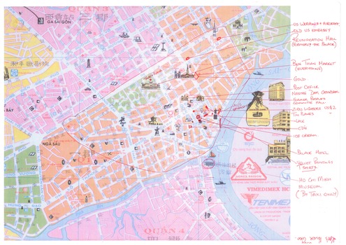 Colour map of Saigon with hand written notes in red on right hand side.