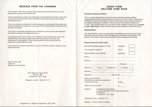 Welcome Home - Order Form for Welcome Home Book