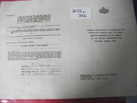 Small concession form issued Department of Customs and Excise.