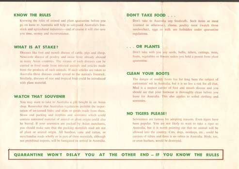 Small printed document with green headings and red text.
