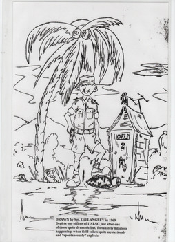 Black and white hand drawn sketch of a soldier, foot on a bomb in front of the toilet under a palm tree.