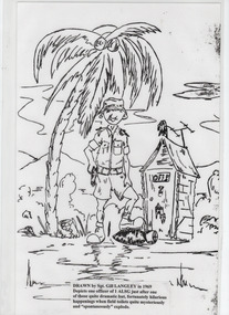 Black and white hand drawn sketch of a soldier, foot on a bomb in front of the toilet under a palm tree.