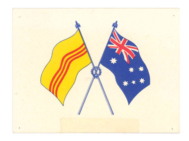 Small buff coloured card with the design of the Australian and Vietnam flags on crossed flagpoles. 