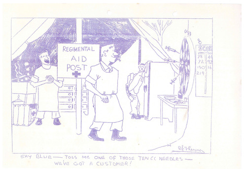 Sketch of hospital staff throwing syringes at a dart board.