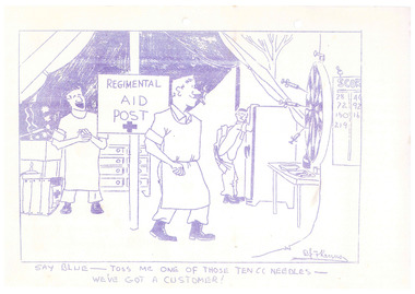Sketch of hospital staff throwing syringes at a dart board.