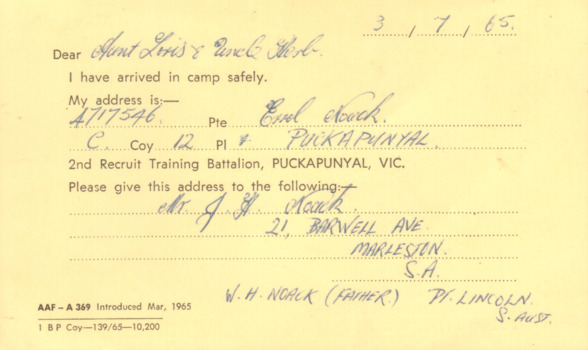 An Original Card Advising of Pte Noack's New Address dated 3/7/65