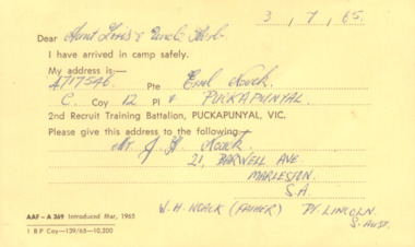 An Original Card Advising of Pte Noack's New Address dated 3/7/65