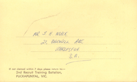 An Original Card Advising of Pte Noack's New Address dated 3/7/65