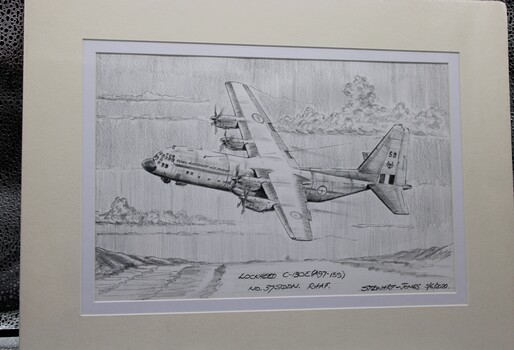 Black pencil drawing of an an aircraft. C-130E