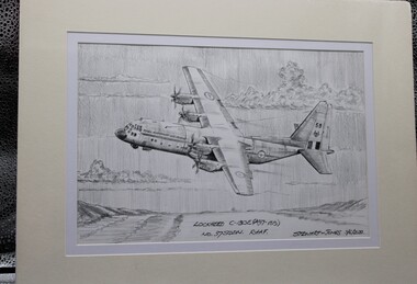 Black pencil drawing of an an aircraft. C-130E