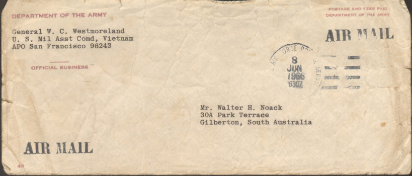 An Original Air Mail Envelope From General W.C. Westmoreland Addressed to Mr. Walter H, Noack Stamped Date 8 June 1966. 