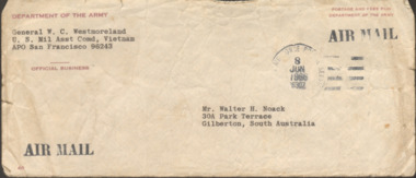An Original Air Mail Envelope From General W.C. Westmoreland Addressed to Mr. Walter H, Noack Stamped Date 8 June 1966. 