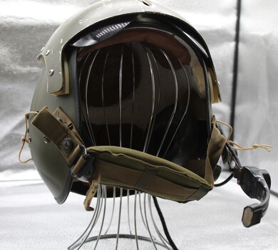 A flying helmet worn by soldiers in Vietnam.