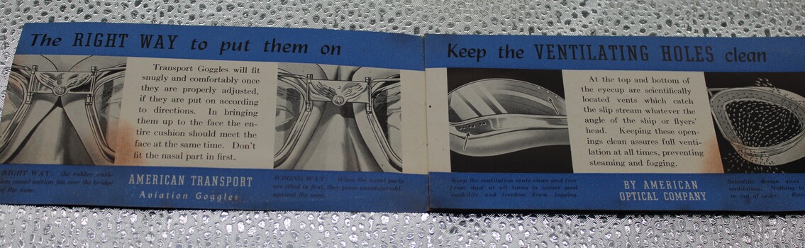 Open booklet of the care of aviators goggles.