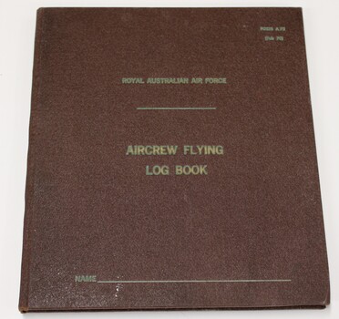 Brown hard cover RAAF aircrew flying log book