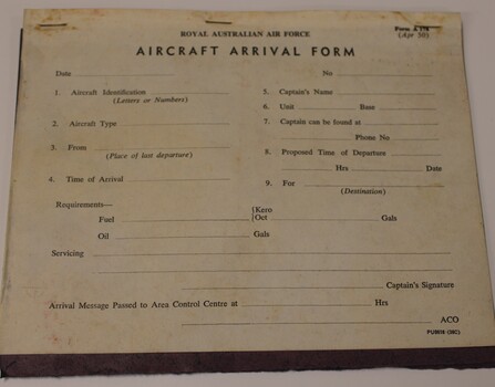 Form A 178 RAAF Aircraft arrival form.