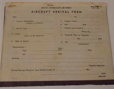 Form A 178 RAAF Aircraft arrival form.