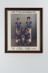 coloured framed photo, 4 man 'Y' state junior champions 1987
