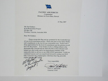 USAF Pacific Air Force Letter, Letter of gratitude
