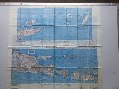 US World War II multi-coloured map on acetate rayon, printed on both sides, AAF Cloth Map - Southwest Pacific Area, Side 1 - No. 22 Southwestern and No. 26 East Java, Side 2 - No. 25 Timor, 1943