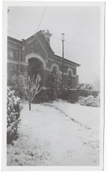 Digital image of Original B/W Photograph: Old Police House/Station with snow, Scott St, Buninyong, 1951