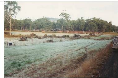 Landscape across open field to woodyard, wood piles and shed, line of trees, Mount Buninyong visible behind.