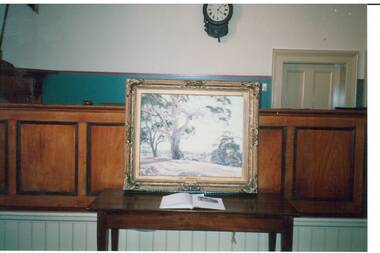 Photograph - Colour photograph, Landscape Painting displayed during launch of "Three Times Blest", 1988