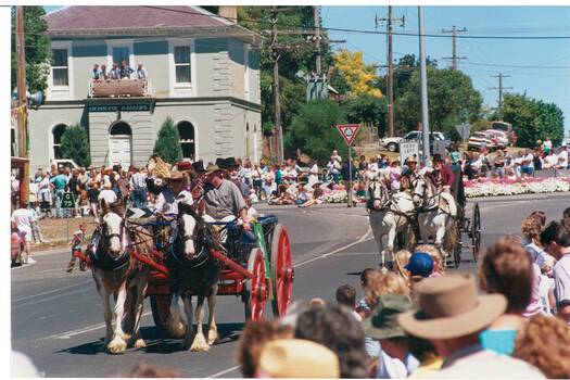 View of 1991 Gold King Festival procession, Bill Griggs of Wallace with his Clydesdales leading the parade