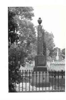 Full view of Monument, polished granite column on plinth, with urn cap, cast iron railing, trees and other monuments in background.