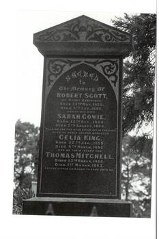 B/W photo, polished granite headstone, engraved, with Triangular decorative pelmet, for Robert and Celia Scott and two of their children.