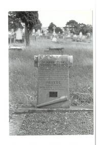 B/W photo, Buninyong Cemetery, carved carved and engraved Marble headstone, scroll at bottom, rounded top,  for Thomas Hiscock and his wife Phoebe. More graves in background.