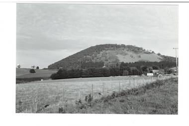 View of Mountain, fields in foreground, mount partly open field, rest is treed, wire fence running diagonally across lower right of photo.