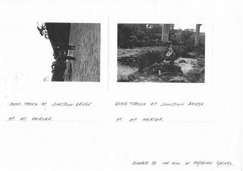 Mt Mercer Junction Bridge. Photo 1 shows two men on the river bed probably looking at the bridge. Photo 2 show Elsie Gibson sitting on the river bank with the bridge in the background.