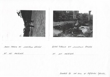 Mt Mercer Junction Bridge. Photo 1 shows two men on the river bed probably looking at the bridge. Photo 2 show Elsie Gibson sitting on the river bank with the bridge in the background.
