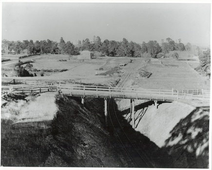 Landscape, trestle bridge over railway cutting, buildings and trees in background.