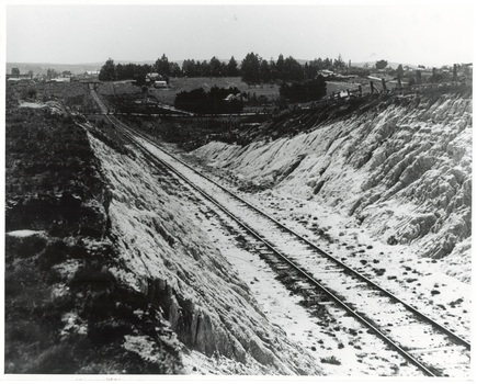Single railway line running through cutting, flat land and buildings in distance.