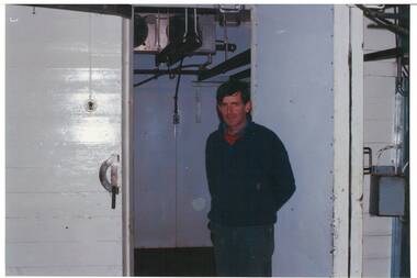 Slaughterhouse, Durham Lead, Peter Whykes at entrance to chiller room
