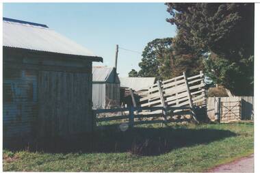 Jumble of tin sheds and wooden fences, ramp to unload livestock at centre, wooden with high sides.