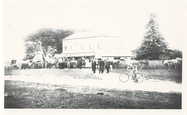 Two story building, tall trees behind, across road, small crowd of people, buggies and carts, girl with bicycle in foreground.