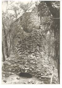 Circular brick chimney on square stone base with arched opening, all covered in crumbling, partly fallen, rough stone, surrounded by bush