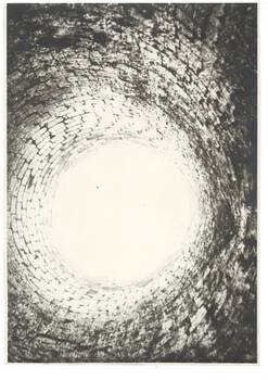 Looking up through circular brick shaft, ash build up visible on parts of wall.