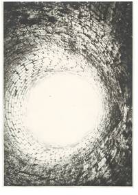 Looking up through circular brick shaft, ash build up visible on parts of wall.